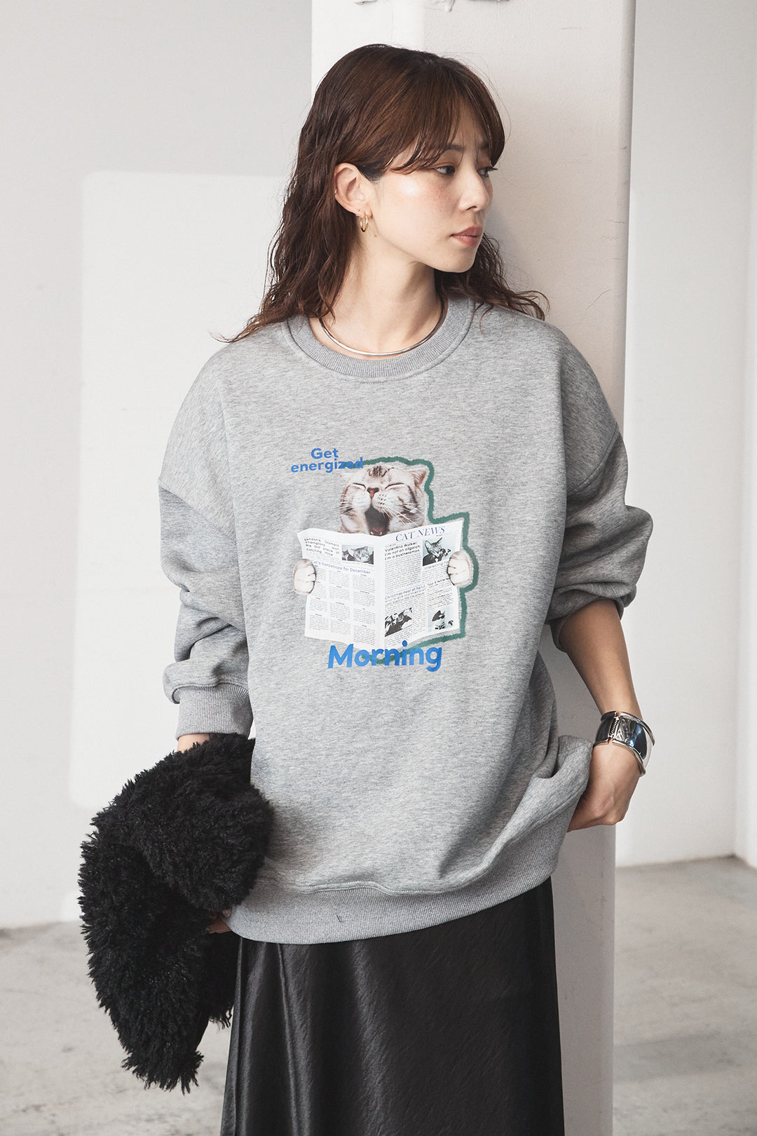 [SET]裏起毛モーニングキャットプリントスウェット+裾レースデザインサテンスカート(2set)