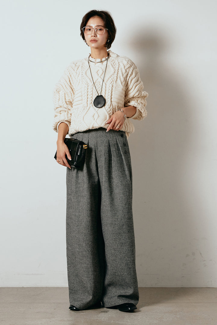 [SET]アラン柄ミックスケーブルニット+サイドボタンツイードタックパンツ(2set)