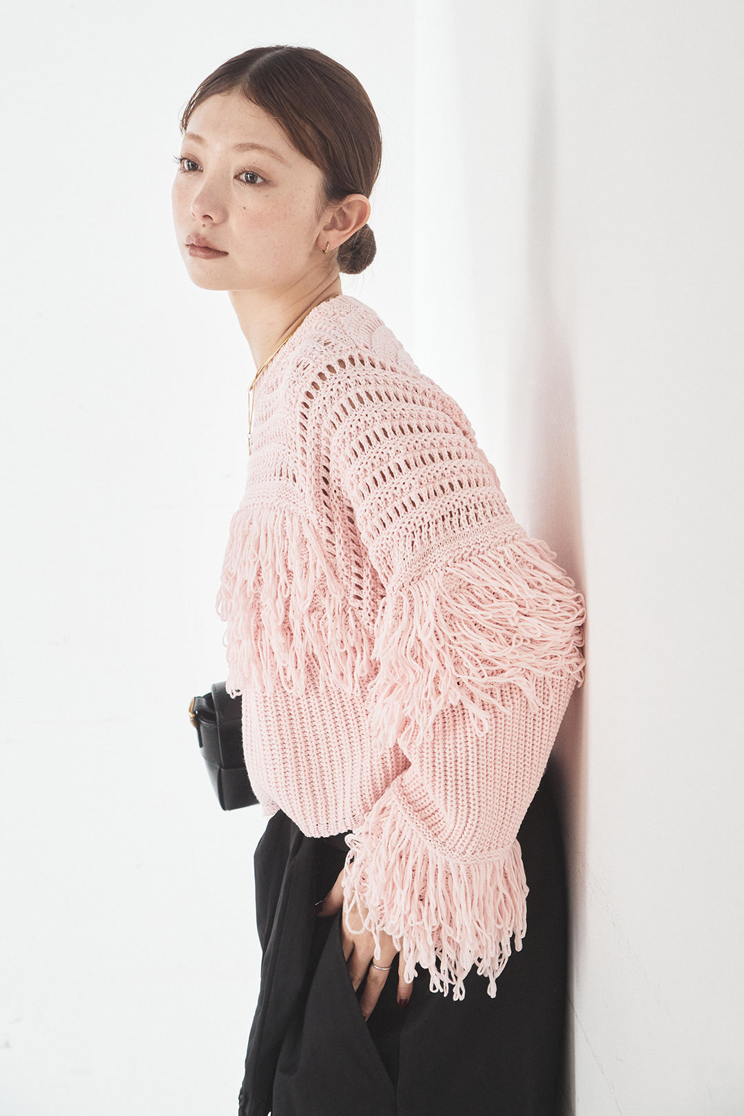 [SET]メッシュフリンジ切り替えプルオーバー+合繊ツイルスタンドウエスト巻きジョガーパンツ(2set)