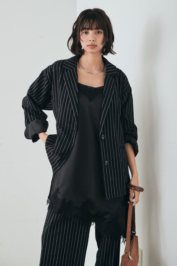 [SET]リネンライクストライプテーラードジャケット+リネンライクストライプタックイージーパンツ+サテンレースアシメキャミ(3set)