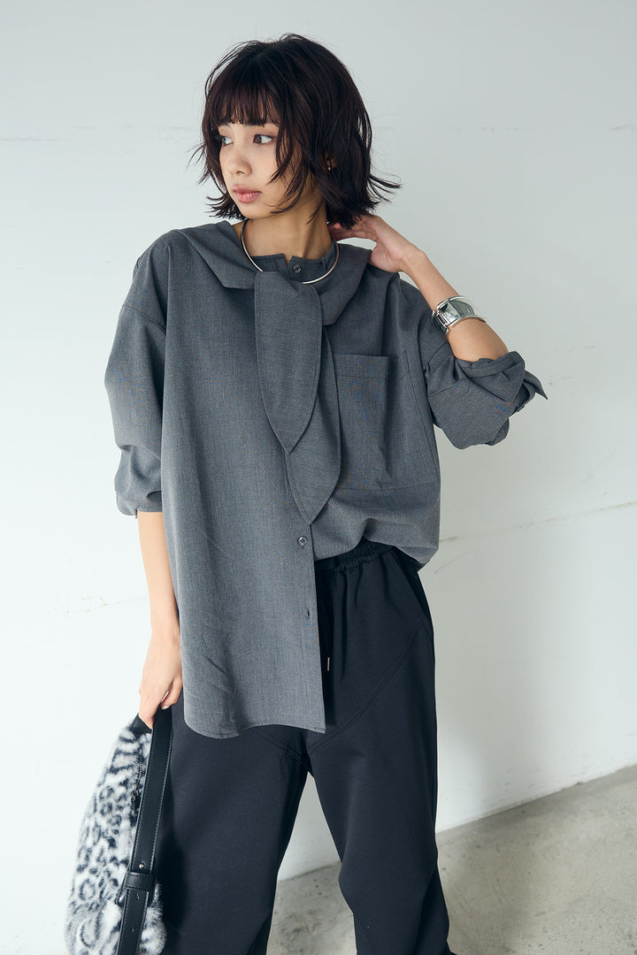 [SET]無地タイ付フーディーBIGシャツ+ランダムタックデザインワイドパンツ(2set)