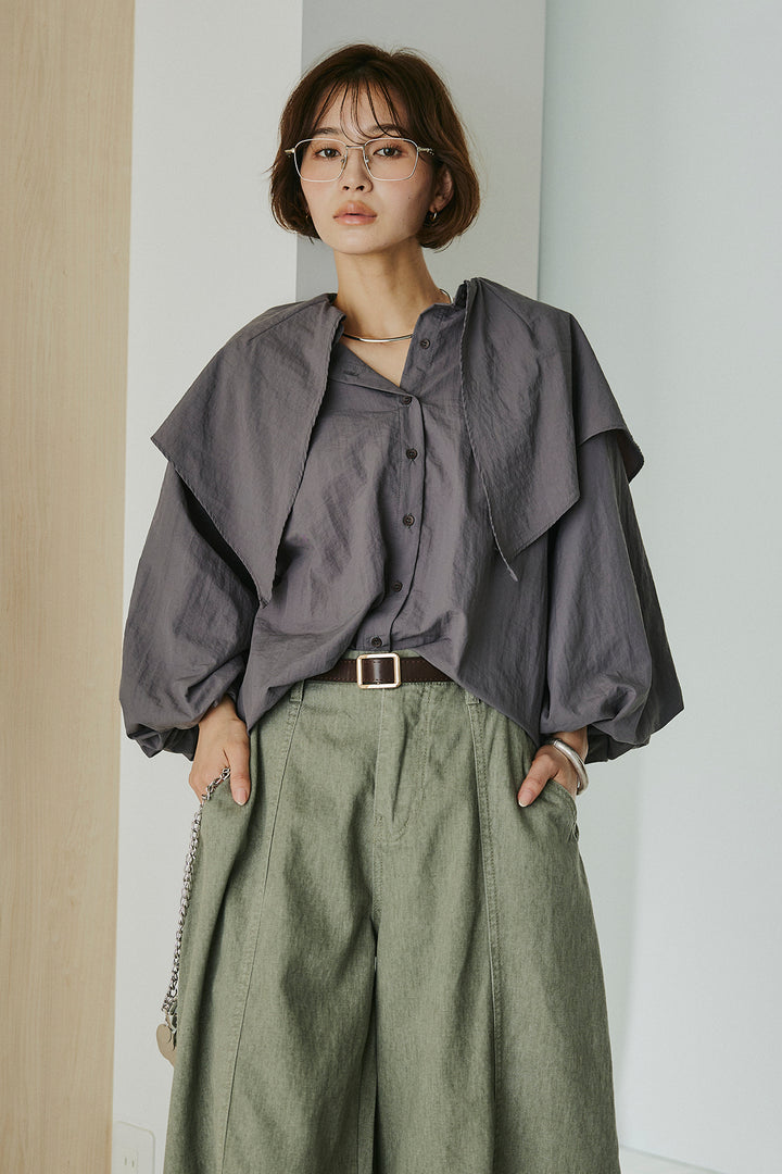 [SET]ケープカラーナイロンブラウス+サイドベルトカーブワイドパンツ(2set)