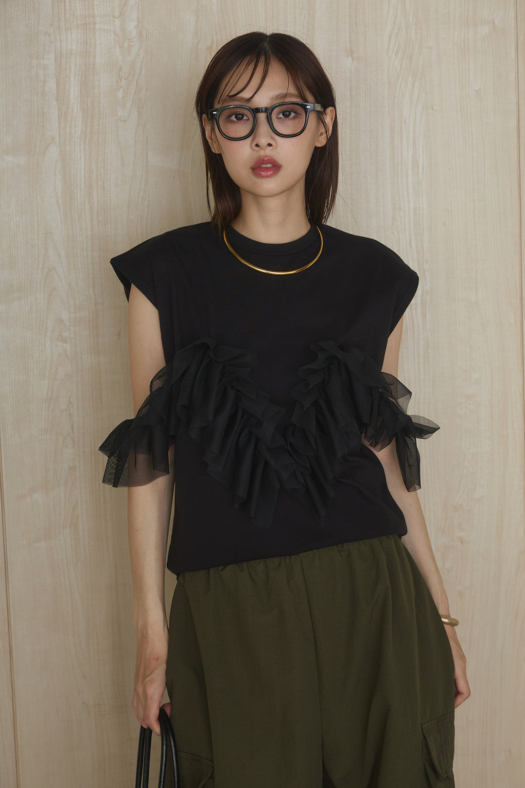 [SET]チュールフリルフレンチTシャツ+ルーズカーゴワイドパンツ(2set)