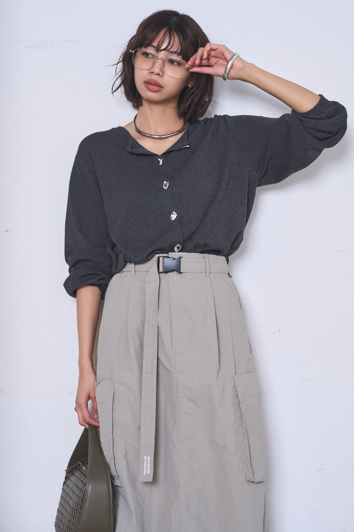 [SET]リサイクルポリニュアンス釦カーデ+撥水加工ナイロンスカート(2set)