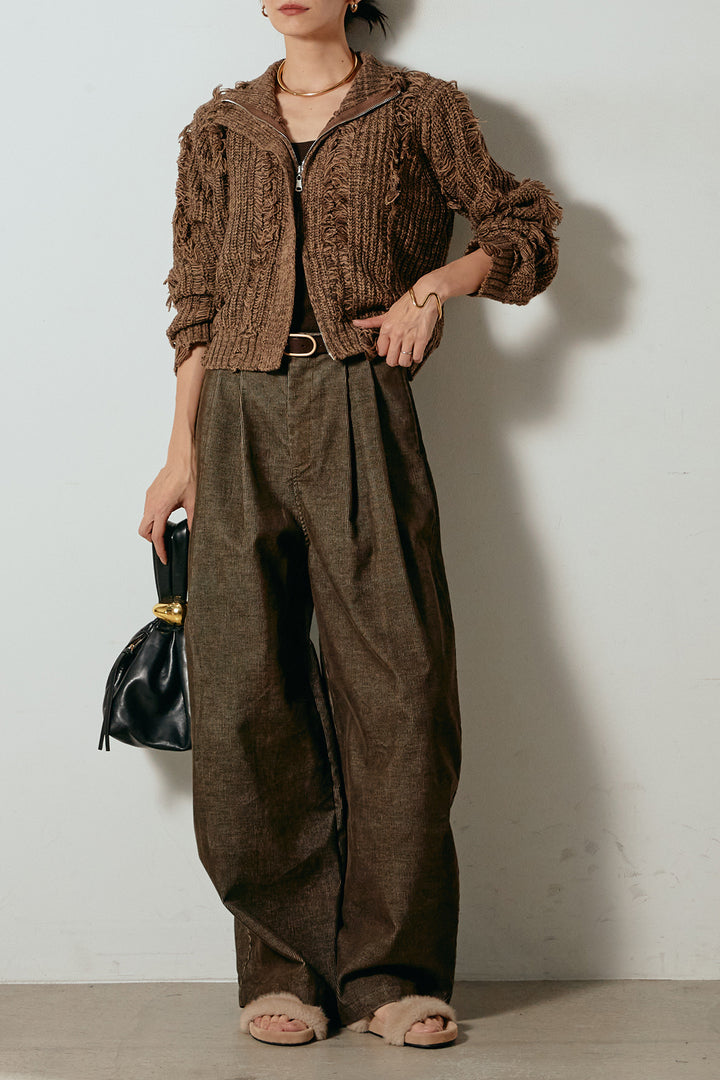 [SET]ハイネックフリンジジップニットトップス+フロントタック入りコーデュロイパンツ(2set)