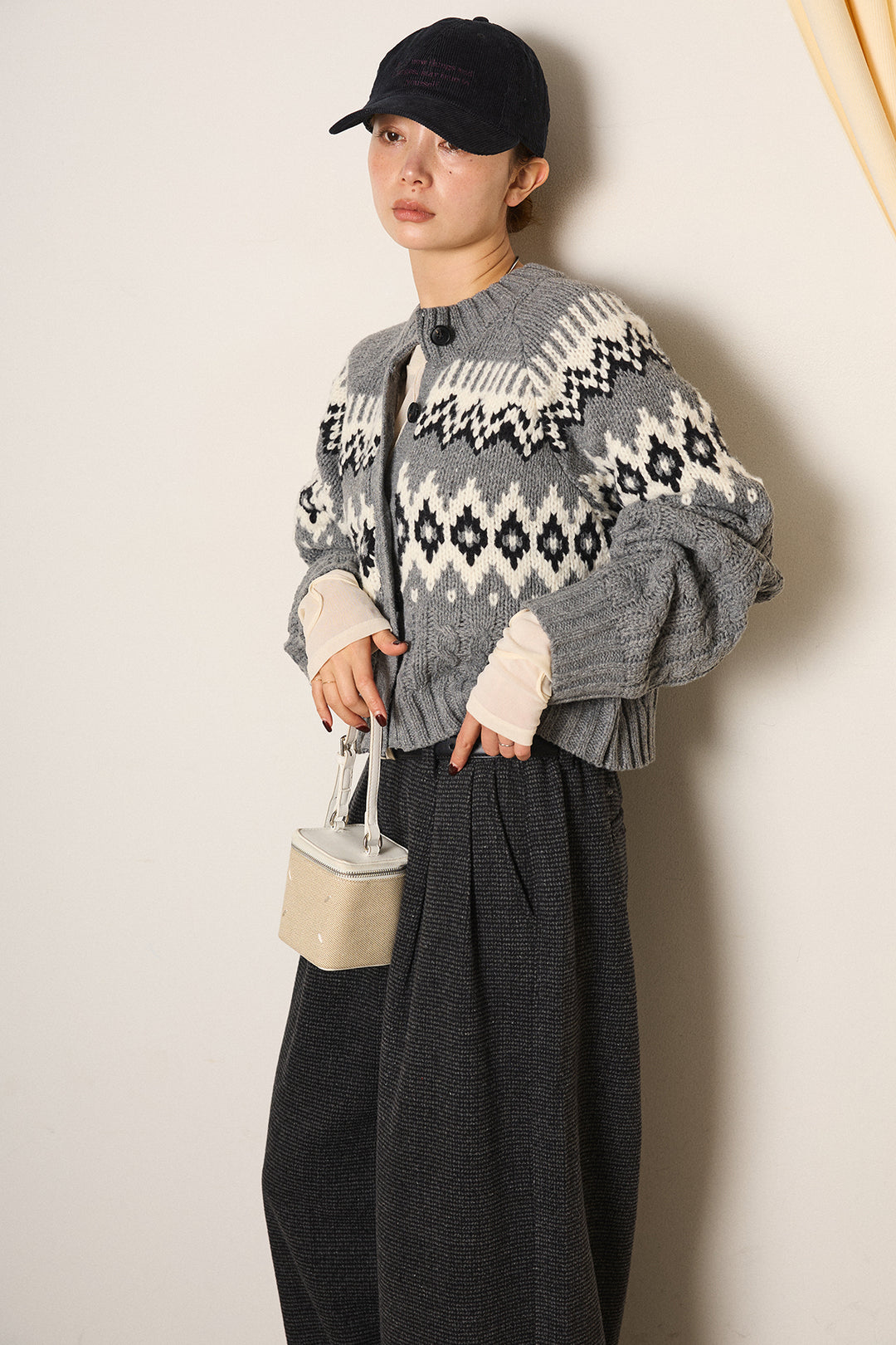 [SET]2WAY求心柄ジャガードショートカーディガン+起毛タック入りツイードワイドパンツ(2set)