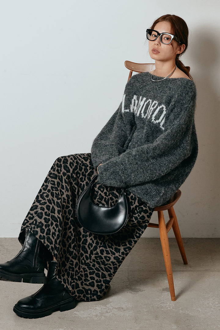 [SET]フロントロゴデザインニットトップス+レオパードロングスカート(2set)
