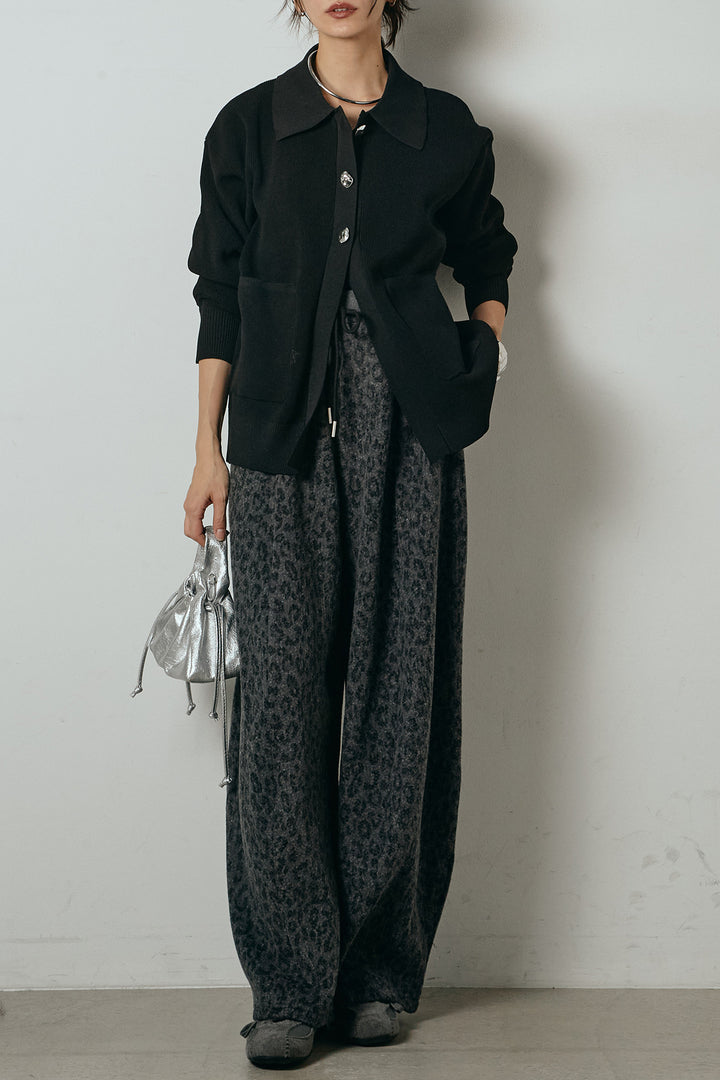 [SET]メタル釦衿付きニットカーディガン+リラックスレオパード柄ワイドパンツ(2set)
