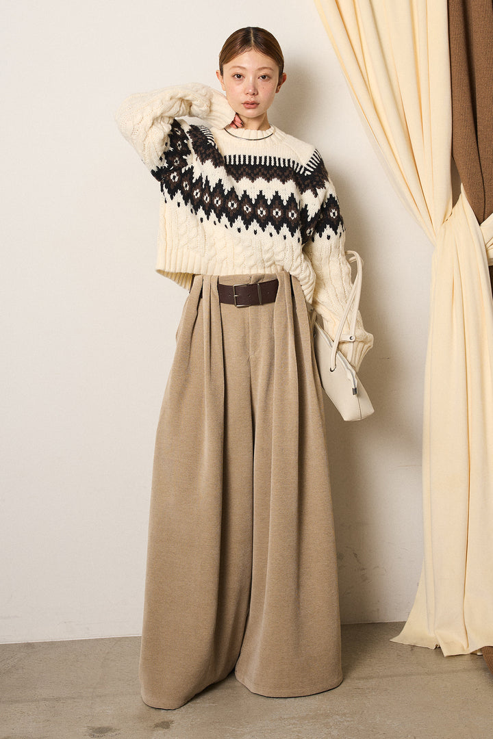 [SET]2WAY求心柄ジャガードショートカーディガン+ベルトループコーデュロイワイドパンツ+2WAY袖コード刺繍クルーネックプルオーバー(3set)