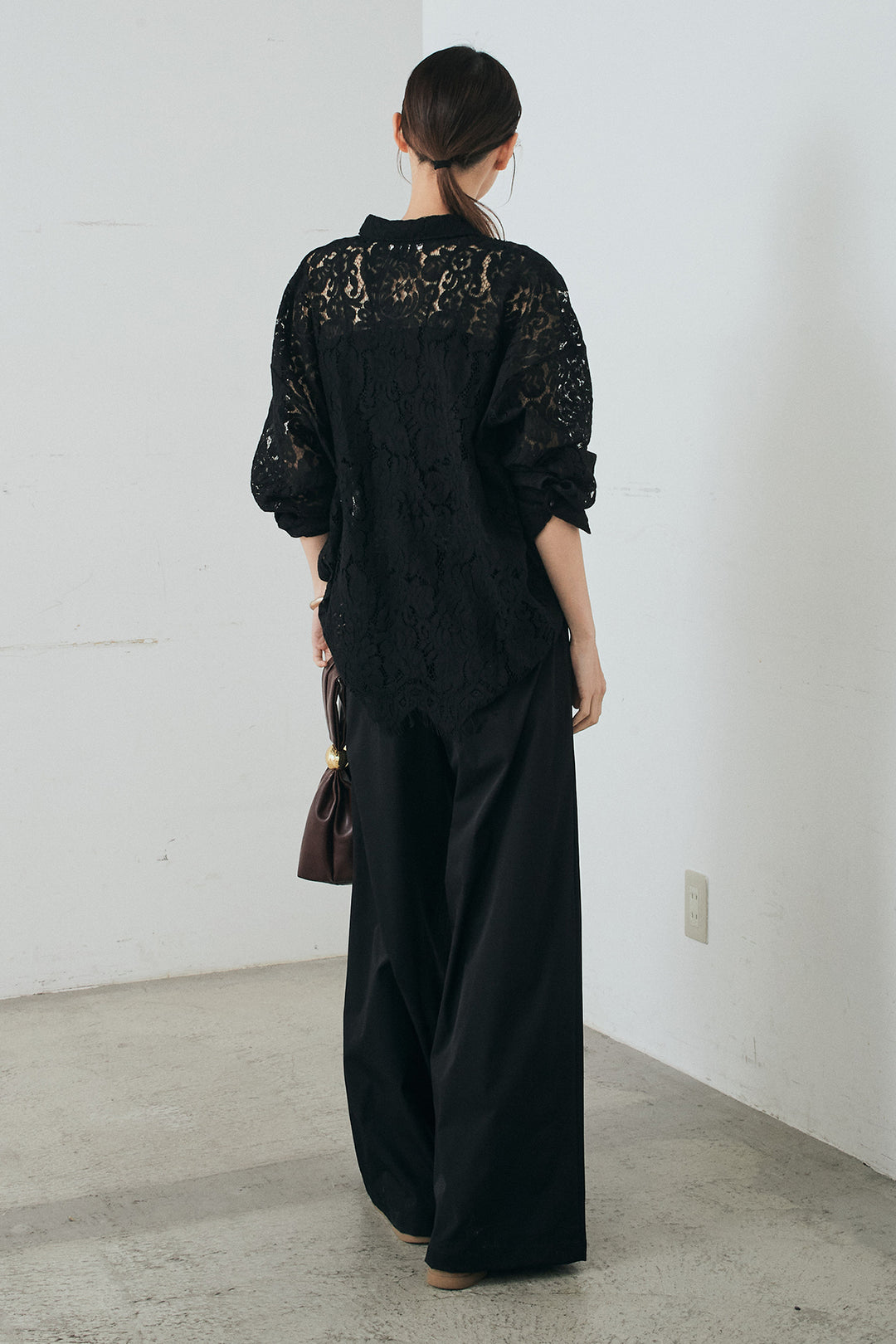 [SET]レース裾スカラップシャツ+ベルトループデザインハイウエストタックパンツ(2set)