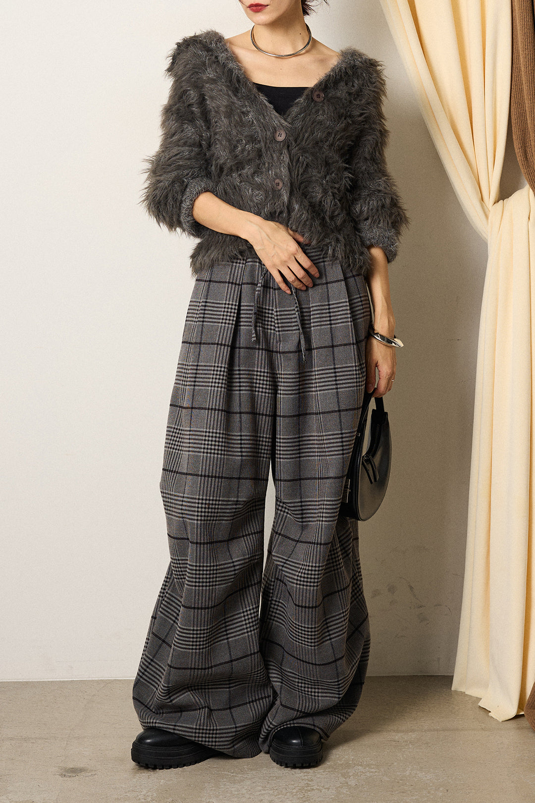 [SET]襟付きシャギーニットカーディガン+グレンチェックルーズタックパンツ(2set)