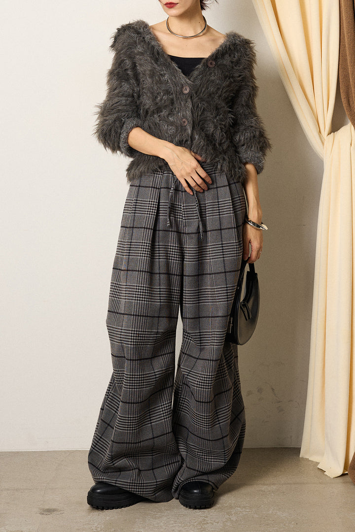 [SET]襟付きシャギーニットカーディガン+グレンチェックルーズタックパンツ(2set)