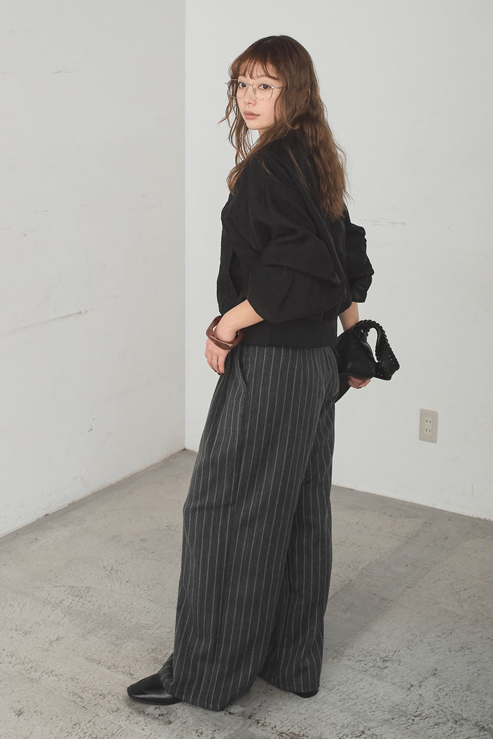 [SET]シアー×ポンチブルゾン+細ベルト付きピンストライプワイドパンツ(2set)