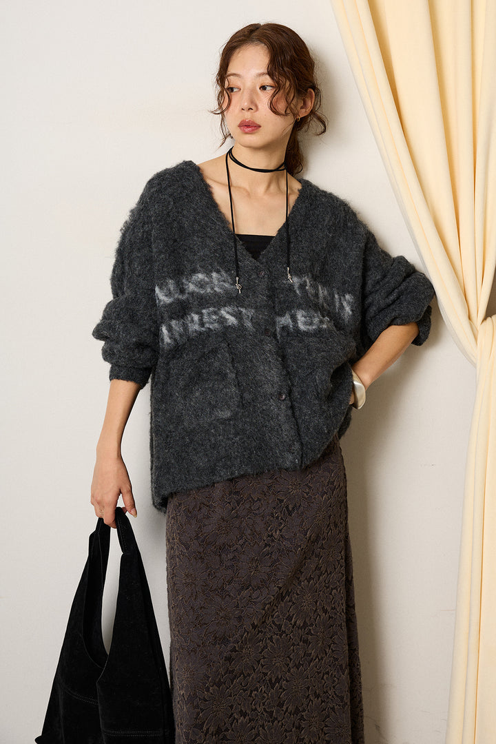 [SET]ウール混透かしロゴニットカーディガン+花柄刺繍ベロアフレアスカート(2set)