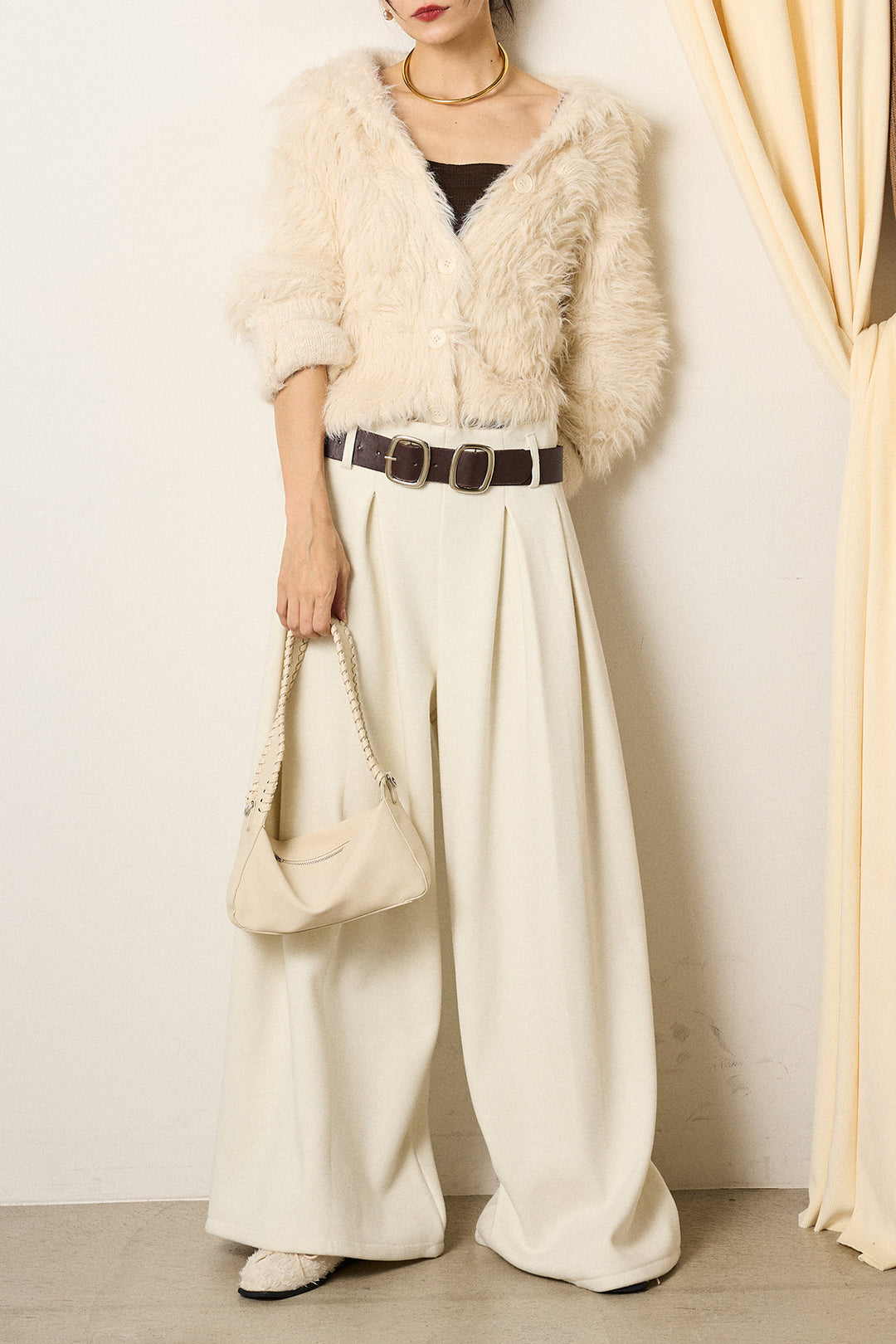[SET]襟付きシャギーニットカーディガン+フェイクレザー太ベルト付きタックワイドパンツ(2set)