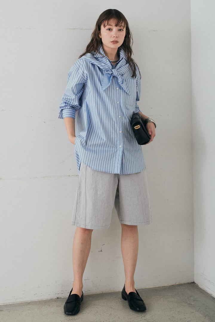 [SET]ランダムストライプスカーフ付きシャツ+デニムハーフパンツ(2set)