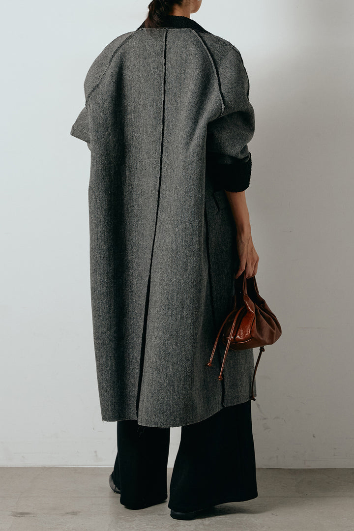 [SET]裏地ボアハイネックロングアウター+フェイクレザー太ベルト付きタックワイドパンツ(2set)