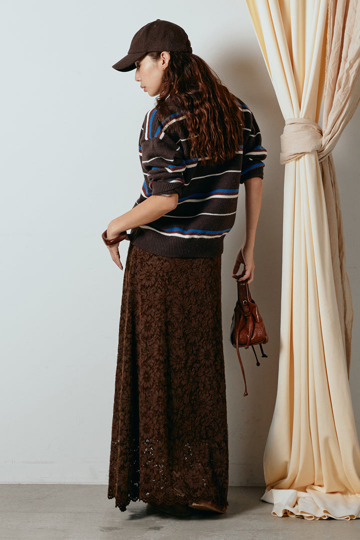 [SET]襟付きマルチボーダーニットポロトップス+花柄刺繍ベロアフレアスカート(2set)