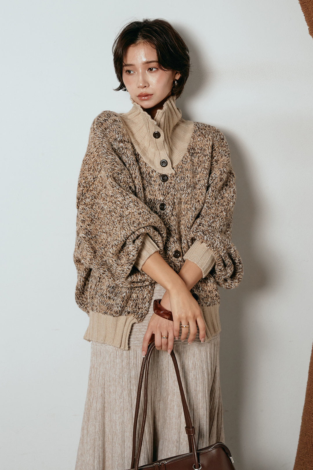 [SET]ハイネックミックスニットカーディガン+編み地切り替えフレアニットスカート(2set)