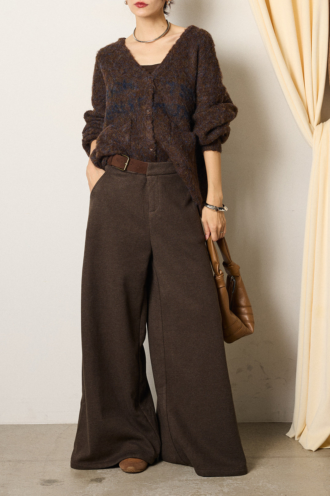 [SET]ウール混透かしロゴニットカーディガン+サイドベルトパンツ(2set)