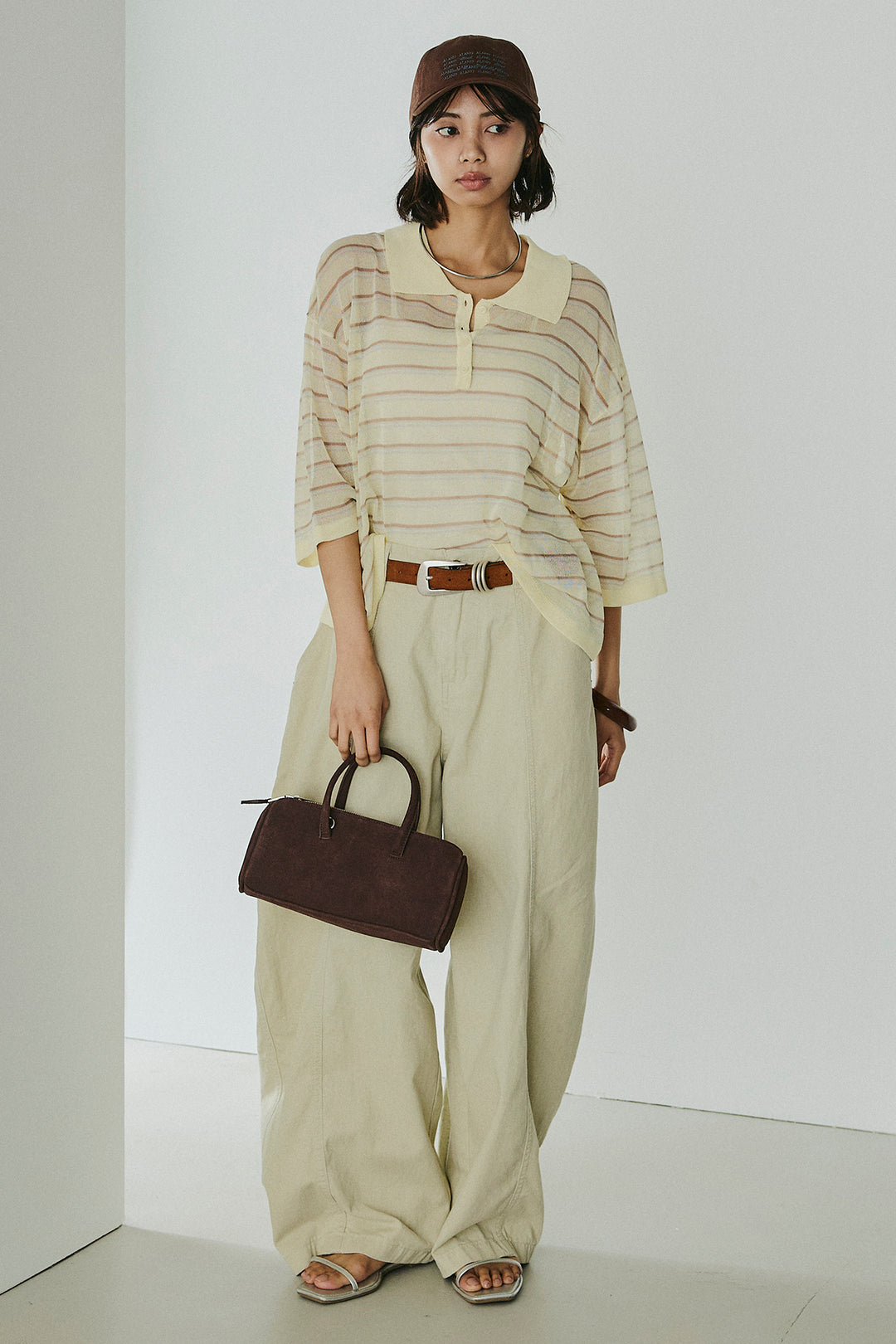 [SET]ボーダーニットポロシャツ+サイドベルトカーブワイドパンツ(2set)