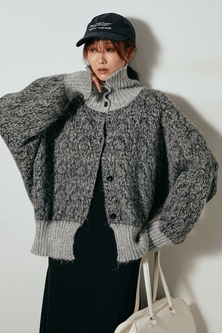 [SET]ハイネックミックスニットトップス+サイド切り替えリブニットロングスカート(2set)