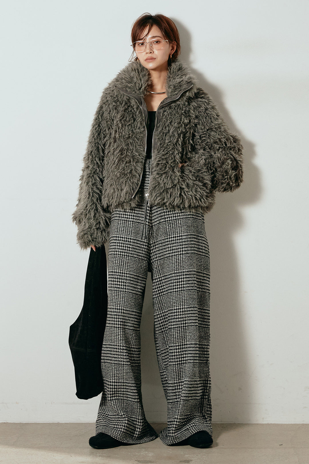 [SET]ミックスシープファースタンドブルゾン+前後2wayグレンチェック柄スカーチョサロペット(2set)