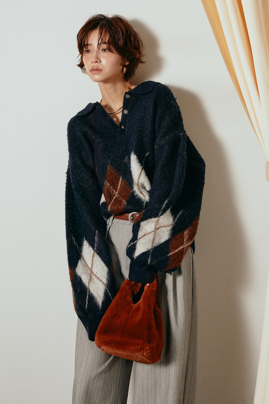 [SET]アーガイル柄ポロニットトップス+ストライプヘリンボーンパンツ(2set)