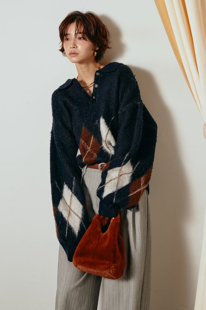 [SET]アーガイル柄ポロニットトップス+ストライプヘリンボーンパンツ(2set)