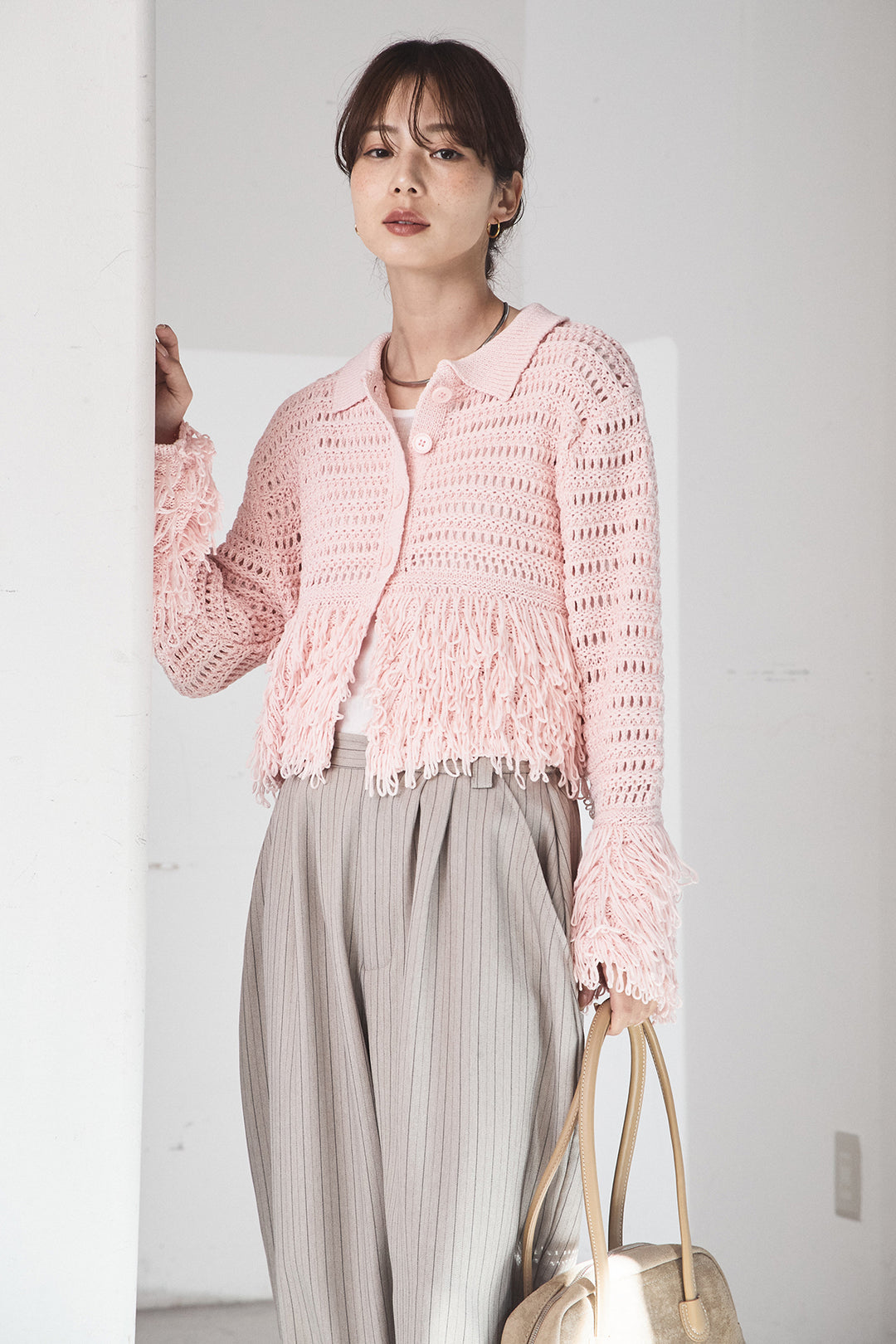 [SET]メッシュフリンジカーディガン+ヘリンボーンストライプツータックパンツ(2set)