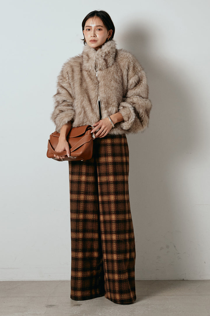 [SET]エコファーショート丈ブルゾン+ルーズタータンチェックワイドパンツ(2set)
