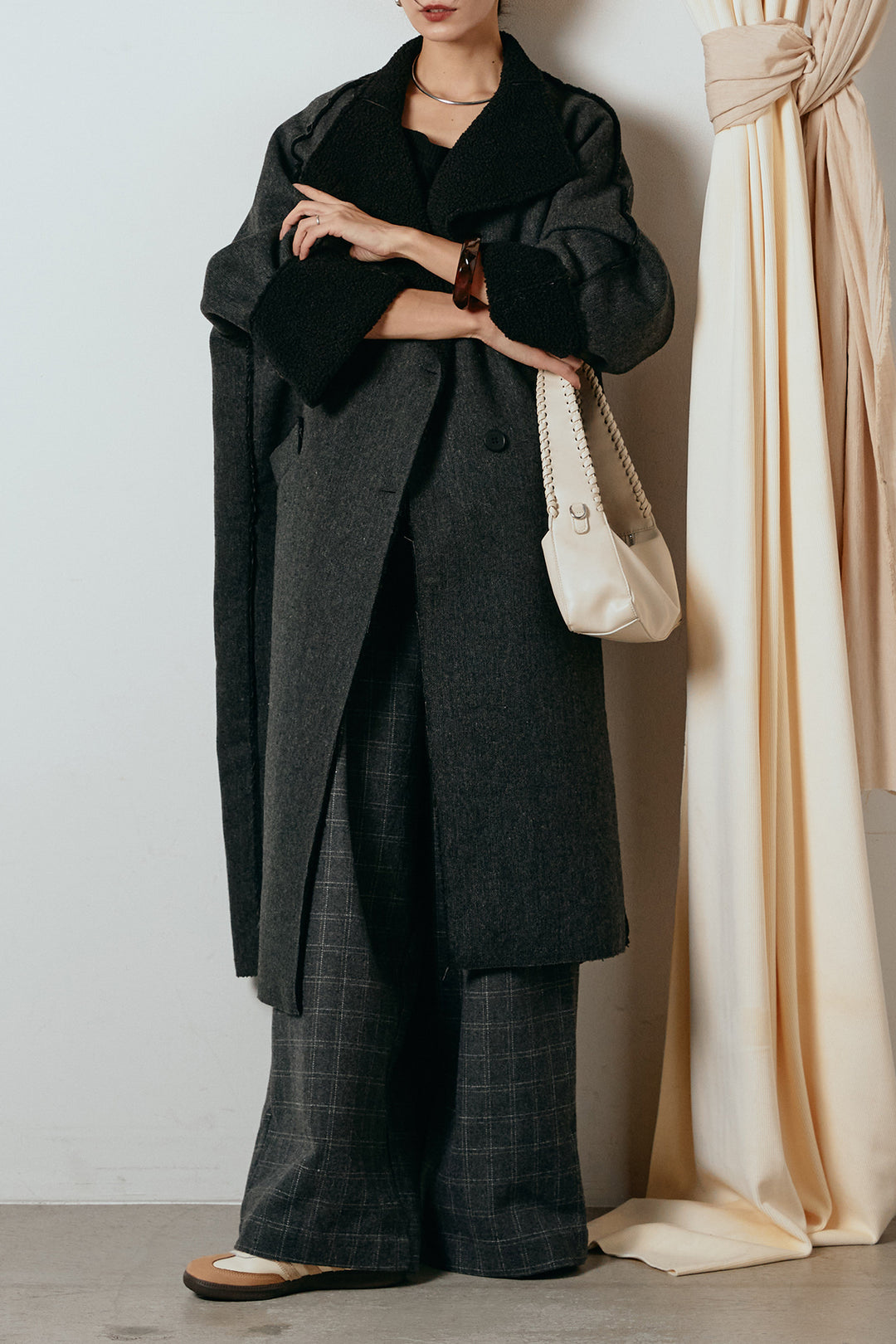 [SET]裏地ボアハイネックロングアウター+ウールライクチェックタックパンツ(2set)