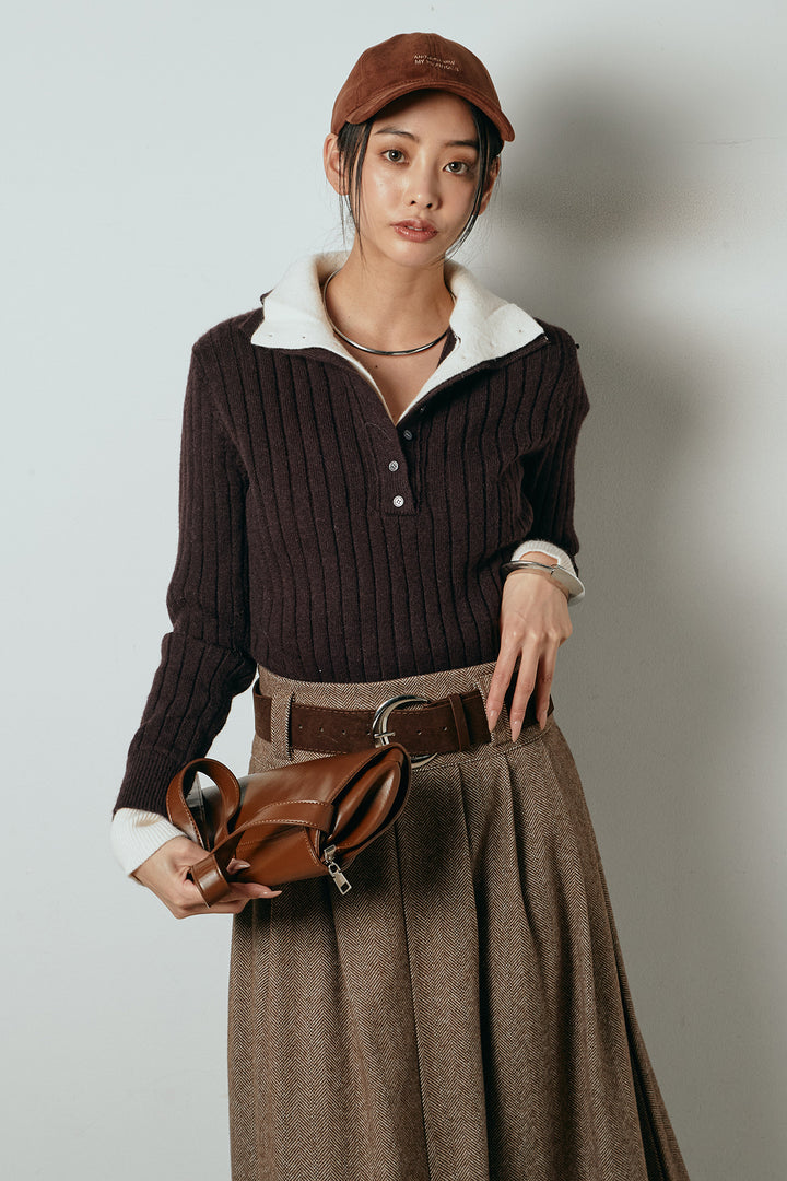 [SET]レイヤード風リブニットトップス+太ベルト付きヘリンボーンプリーツスカート(2set)