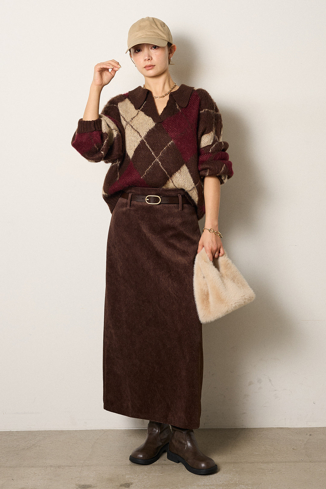 [SET]アクリルモヘアアーガイルキーネックプルオーバー+ロープベルト付きスウェード調スカート(2set)