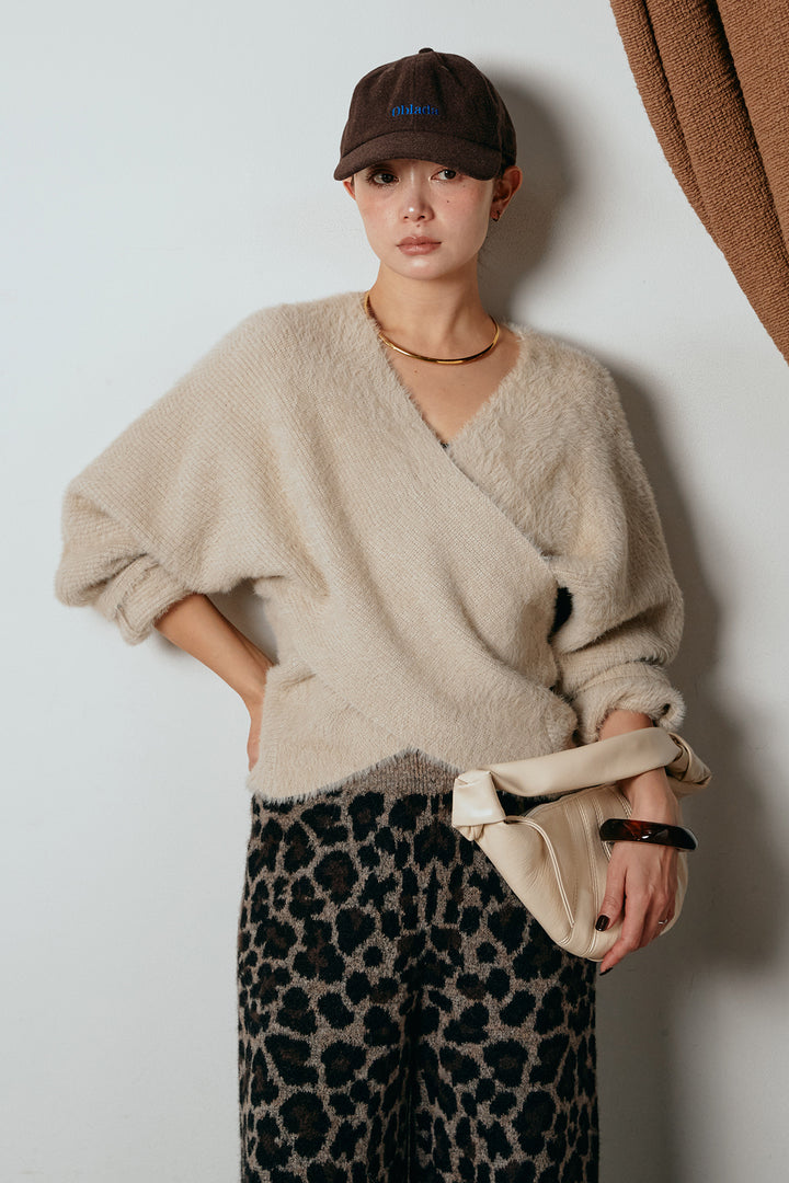 [SET]シャギーカシュクールニットトップス+リラックスレオパード柄ニットパンツ(2set)