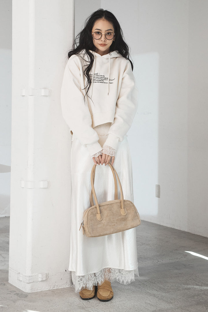 [SET]裏起毛レタリング刺繍フーディショートプルオーバー+ストレッチレースクルーネックインナー+裾レースデザインサテンスカート(3set)