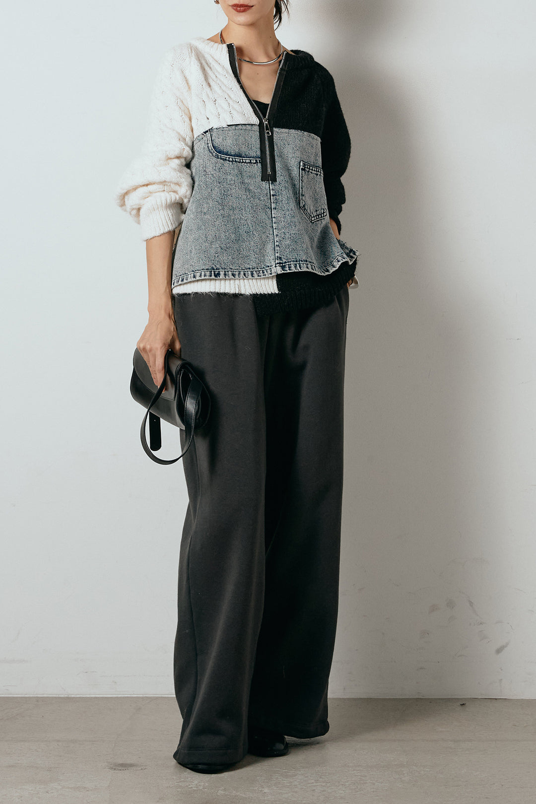 [SET]ハーフジップニットデニムドッキングトップス+裏起毛スウェットワイドパンツ(2set)