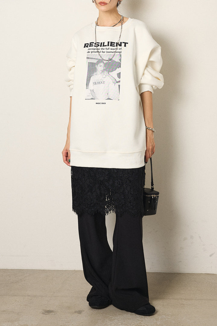 [SET]モノトーンプリントスウェット+レース刺繍レイヤードフレアパンツ(2set)