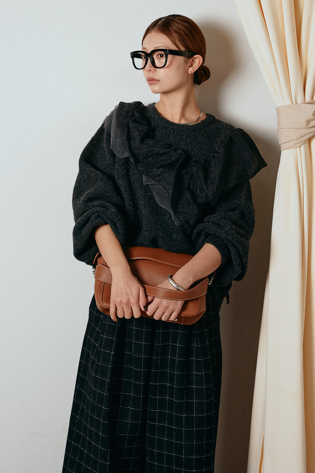 [SET]アシンメトリーフリルニットトップス+ウールライクチェックタックパンツ(2set)