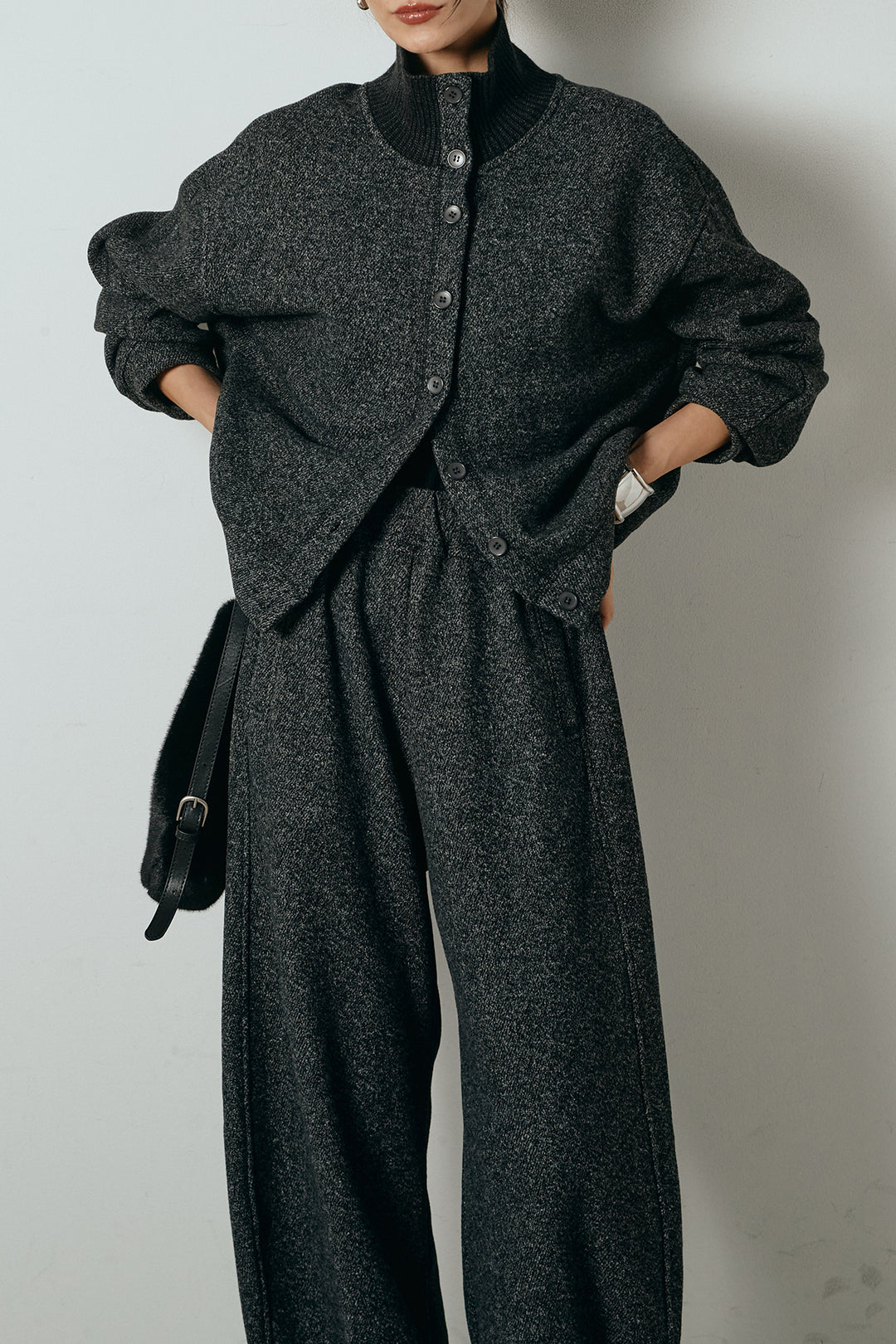 [SET]リブスタンドネックボタントップスSETUP