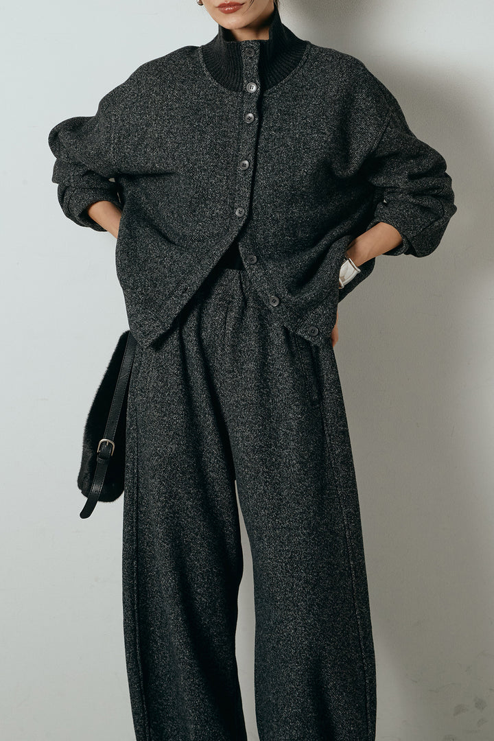 [SET]リブスタンドネックボタントップスSETUP