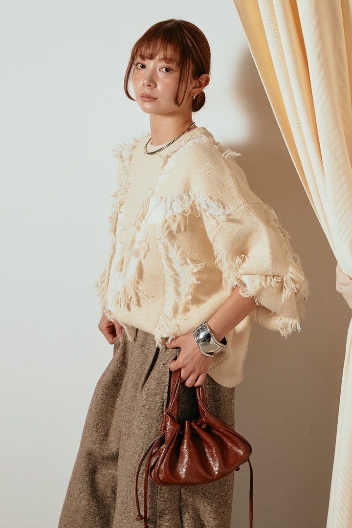 [SET]シャギージャガードニットトップス+ベルト付きネップツイードカーブパンツ(2set)