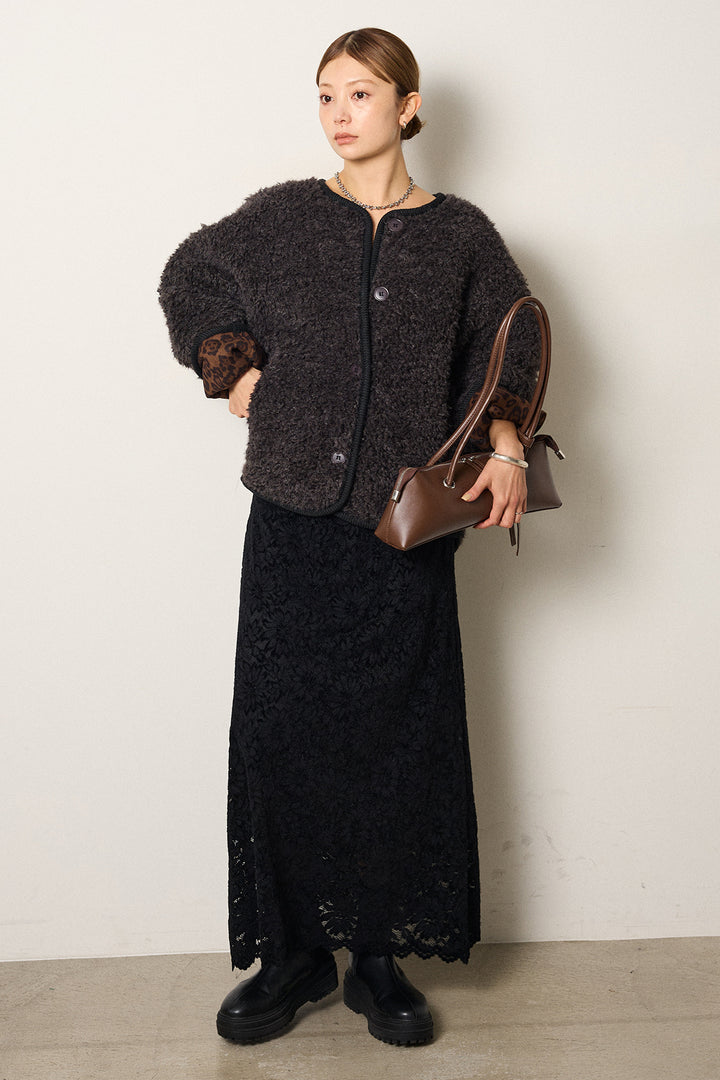 [SET]ノーカラー裏地レオパードボアアウター+花柄刺繍ベロアフレアスカート(2set)