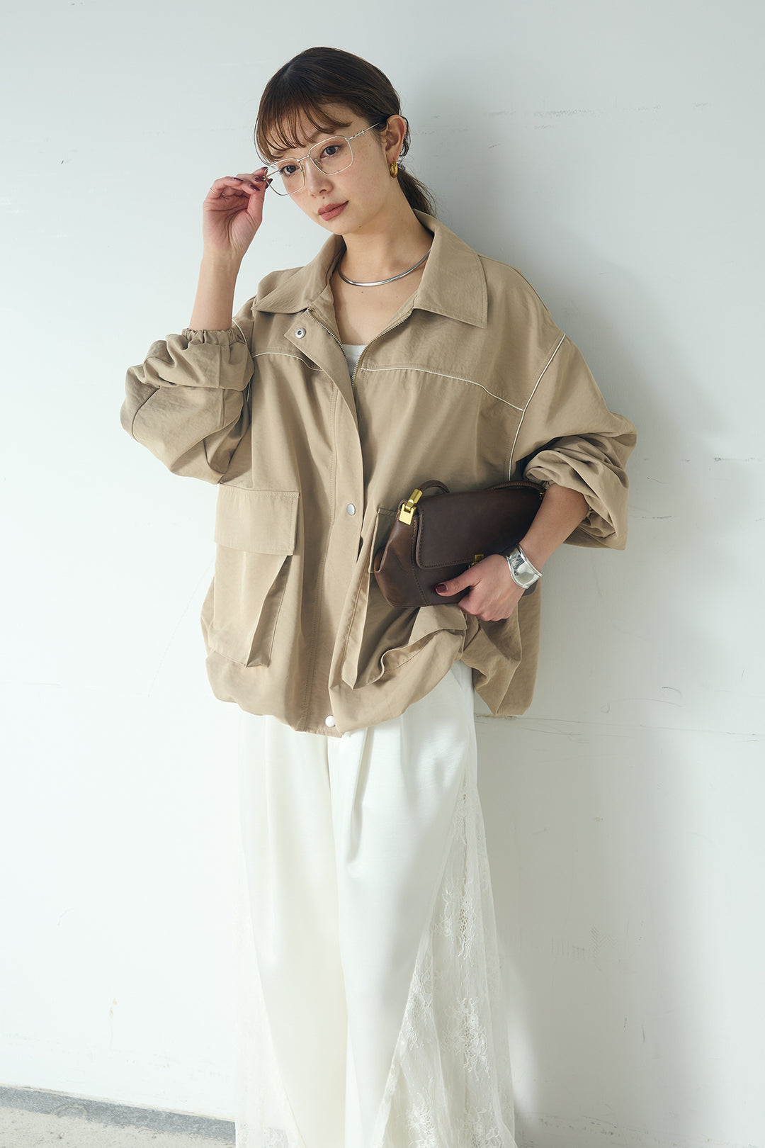 [SET]合繊ツイルバルーンジャケット+サテンレース切り替えタックパンツ(2set)