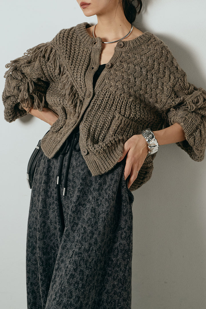 [SET]ランダムフリンジニットカーディガン+リラックスレオパード柄ワイドパンツ(2set)