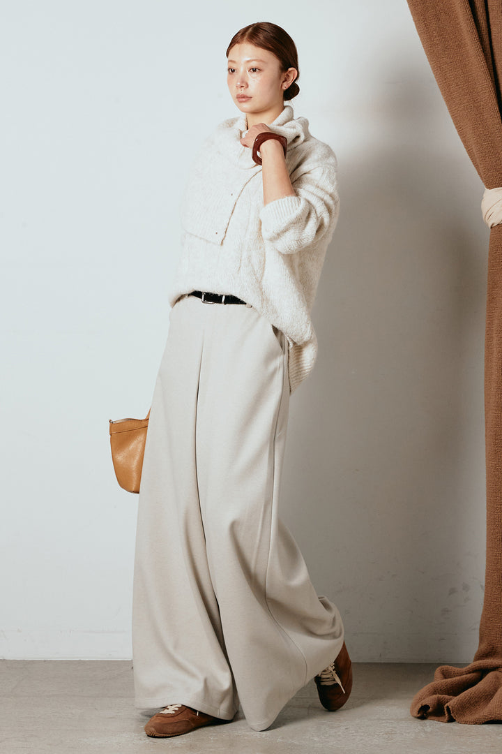 [SET]ケープデザインケーブルニットトップス+ベルト付きフロントタックデザインパンツ(2set)