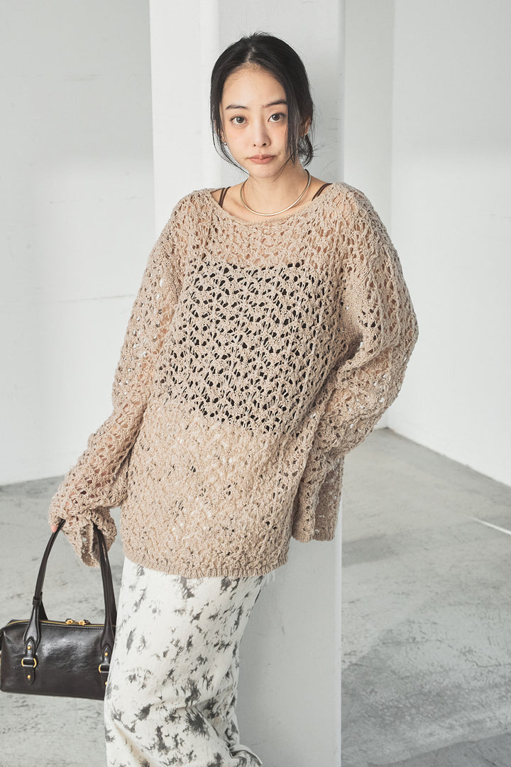 [SET]リラックスメッシュニットトップス+タイダイ柄ベロアワイドスカート(2set)