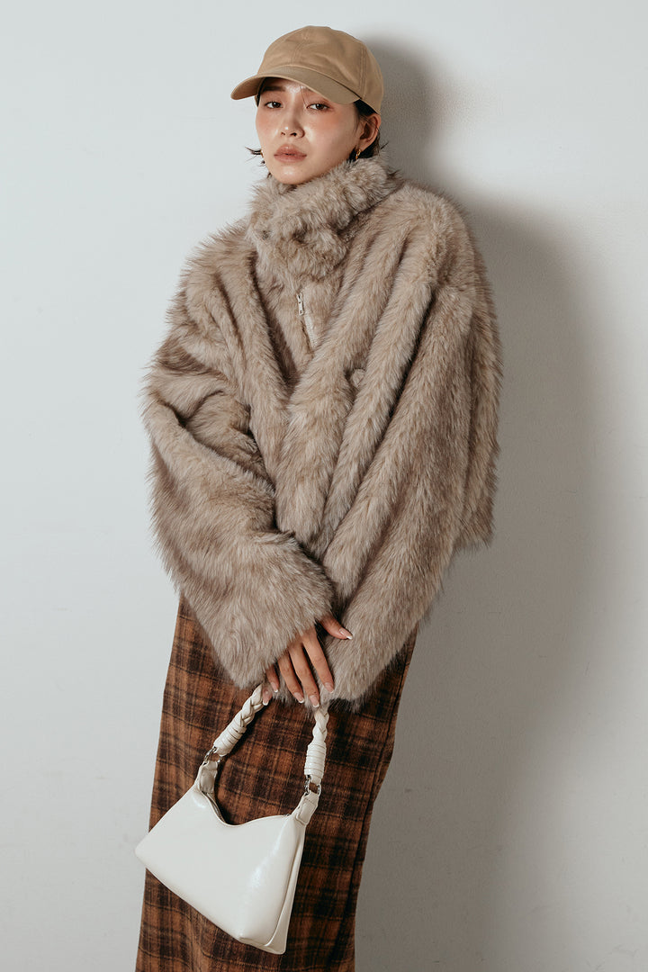 [SET]エコファーショート丈ブルゾン+シャギーチェックストレートスカート(2set)