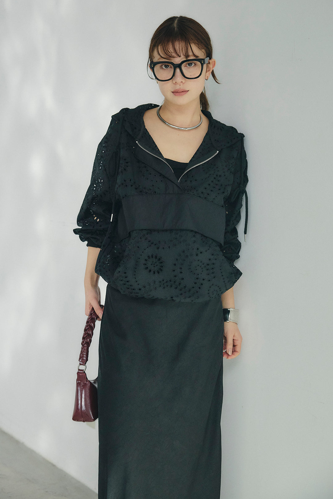 [SET]レースハーフジップアップフーディー+バイアスナローサテンスカート(2set)