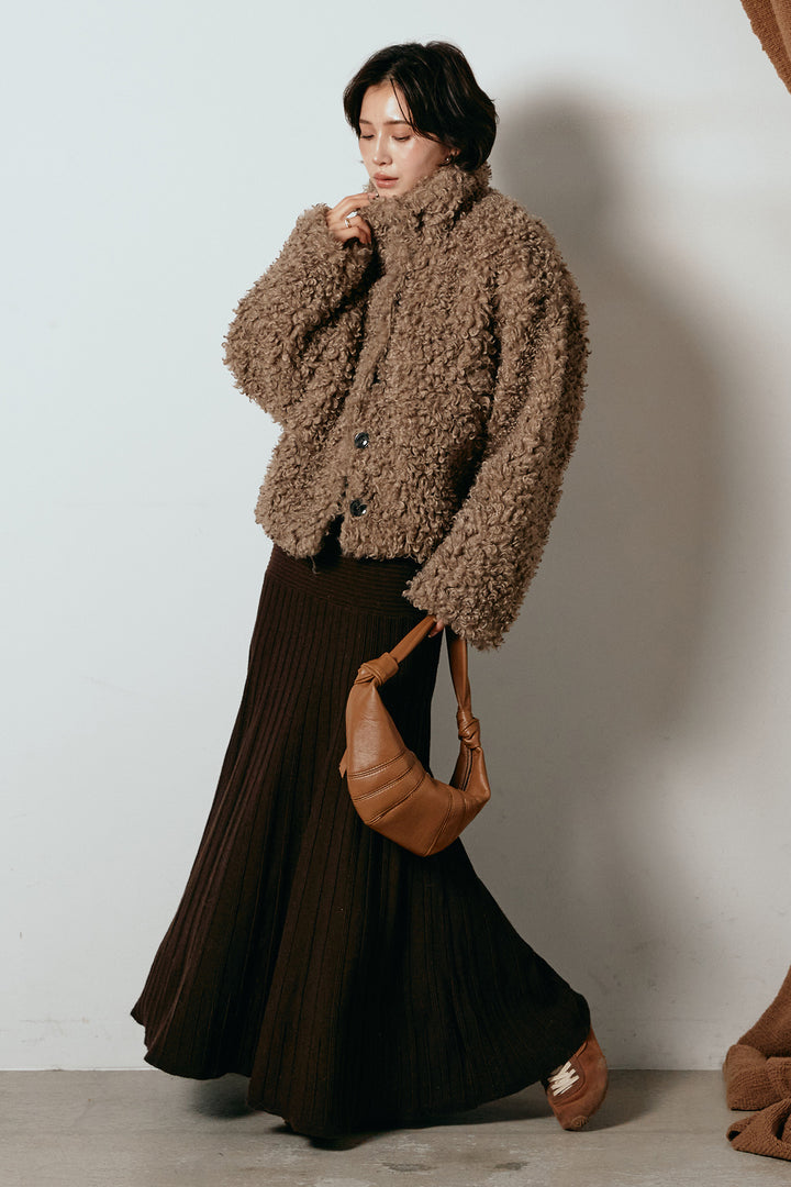 [SET]プードルファーミドルジャケット+編み地切り替えフレアニットスカート(2set)